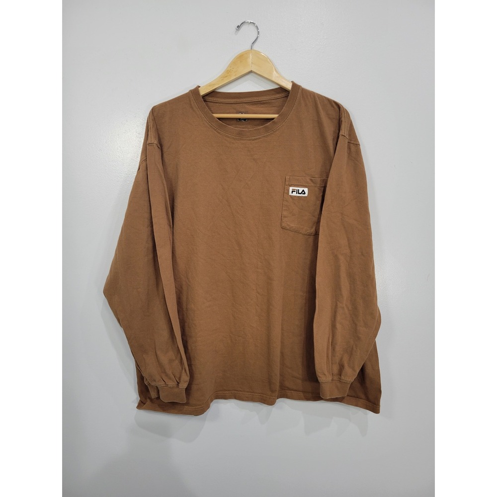 Fila Mens Brown Long Sleeve Pocket T-Shirt Crew‎ Neck Logo Patch 3XL